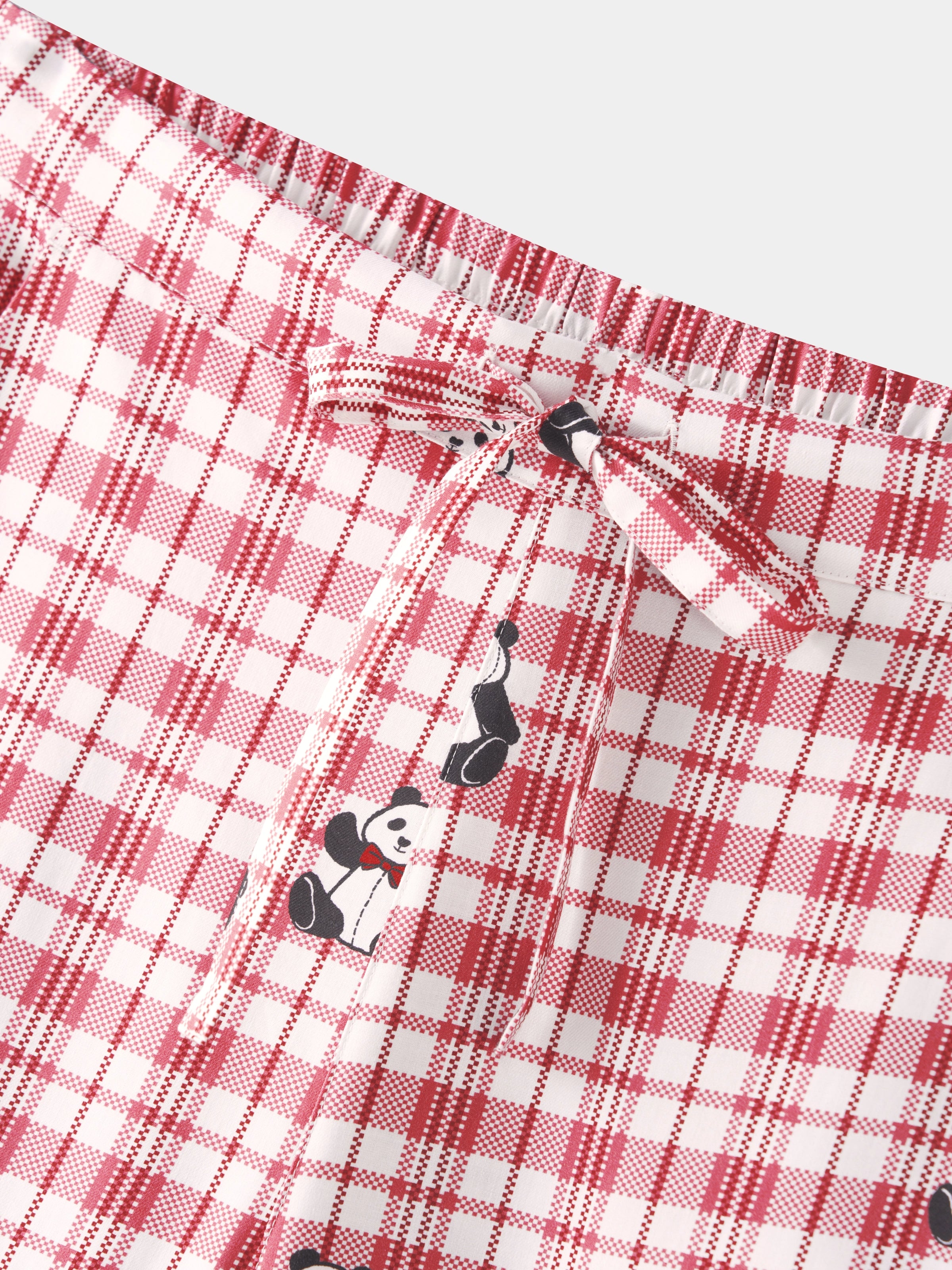 "Panda PomPom" Tencel Cotton Blend Loungewear Set – Red Grid