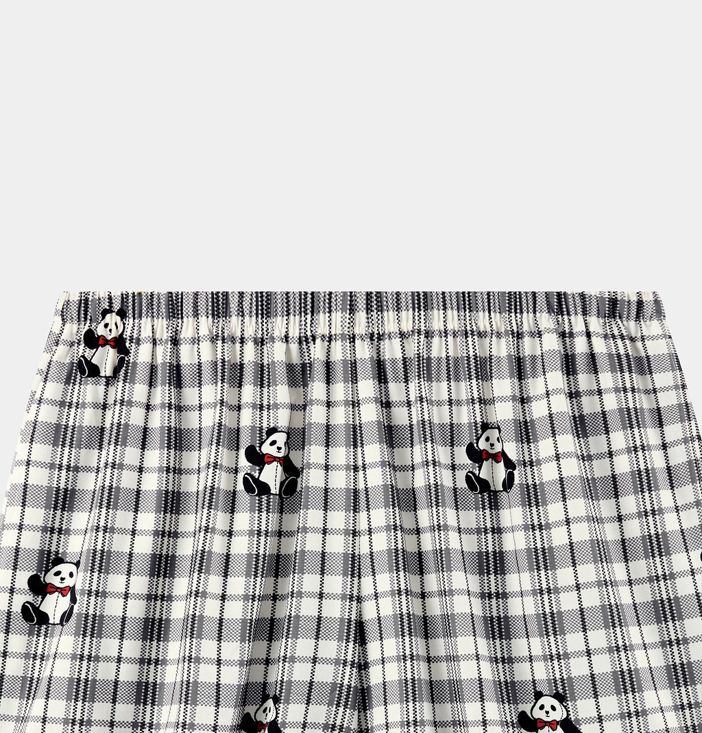 "Panda PomPom" Tencel Cotton Blend Spaghetti Strap Top & Shorts Pajama Set – Black Grid