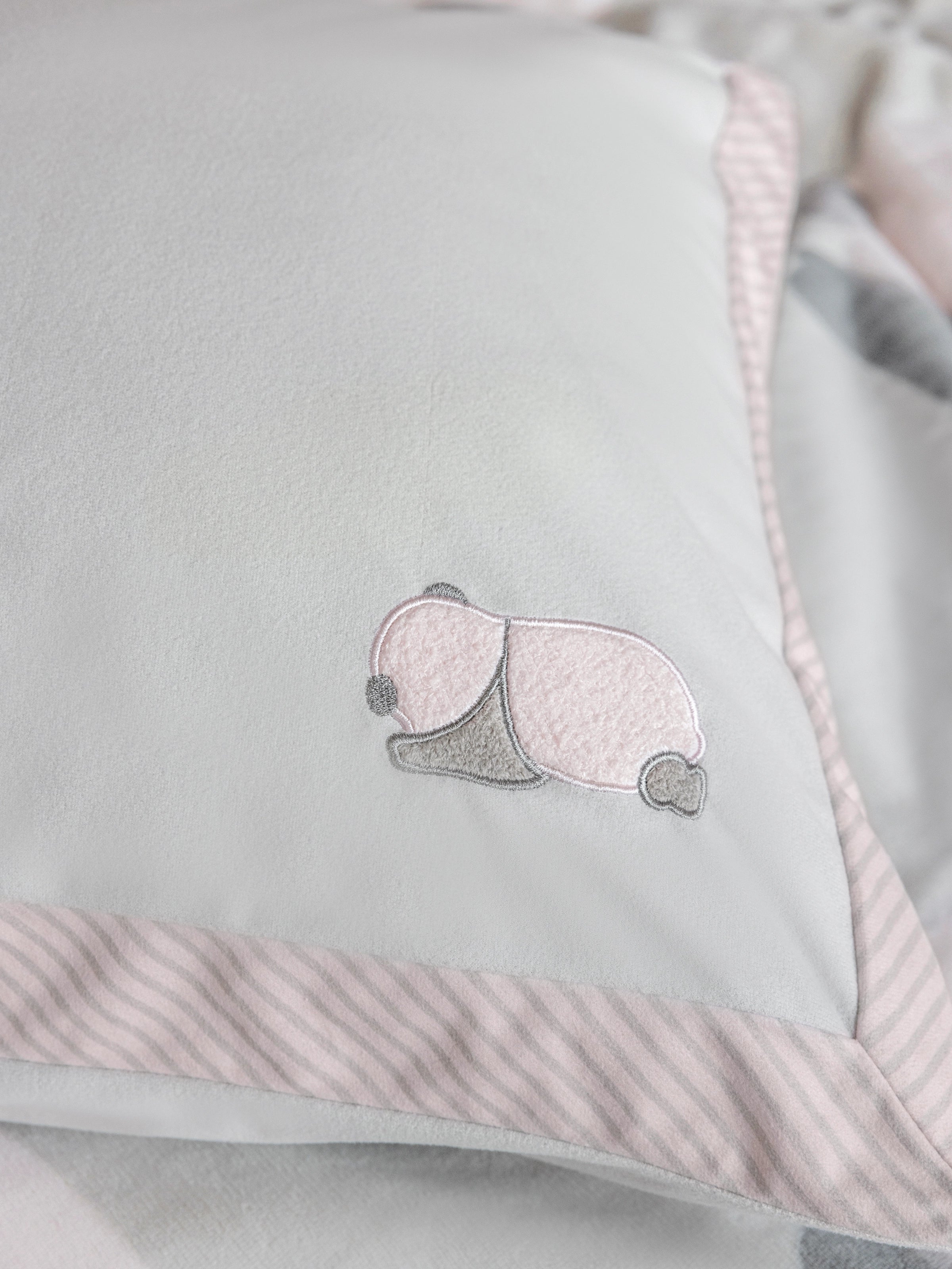 "Panda PomPom" Micro Flannel Bedding Set – Cream White