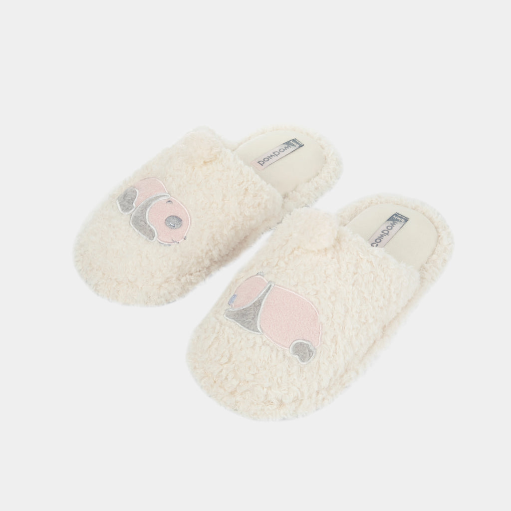 "Panda PomPom" Fluffy Slippers – Cream White
