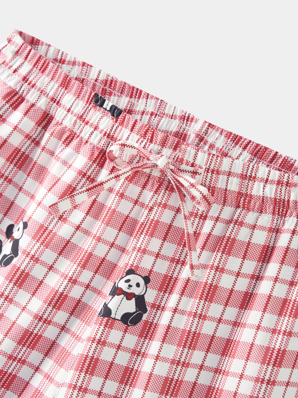 "Panda PomPom" Tencel Cotton Blend Short Sleeve Loungewear Set – Red Grid