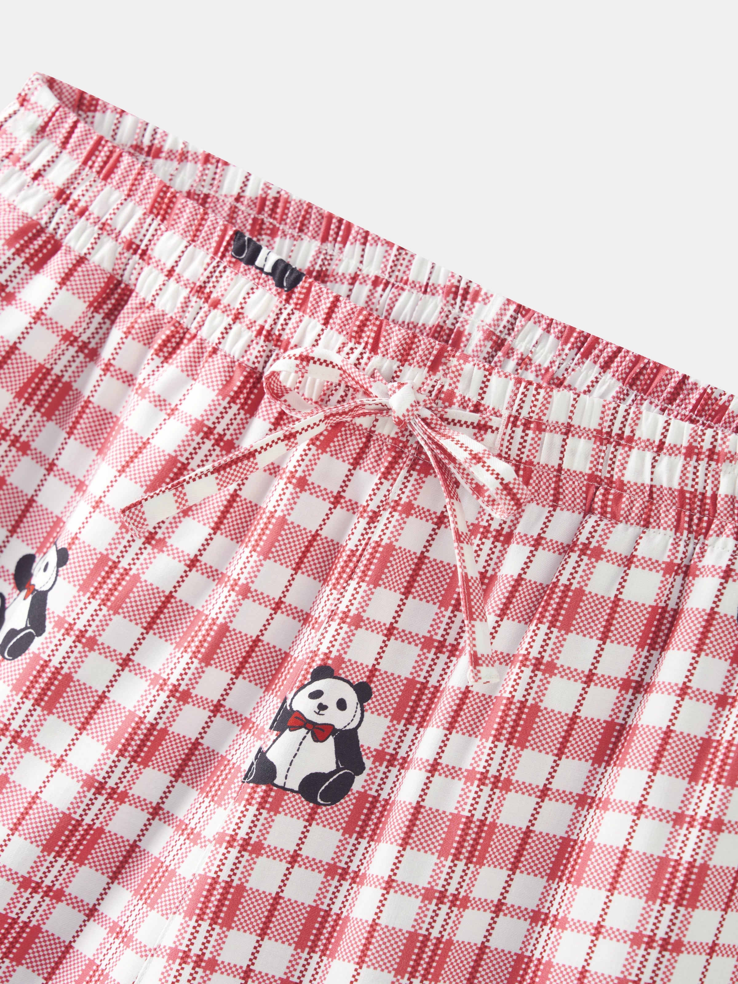 "Panda PomPom" Tencel Cotton Blend Short Sleeve Loungewear Set – Red Grid