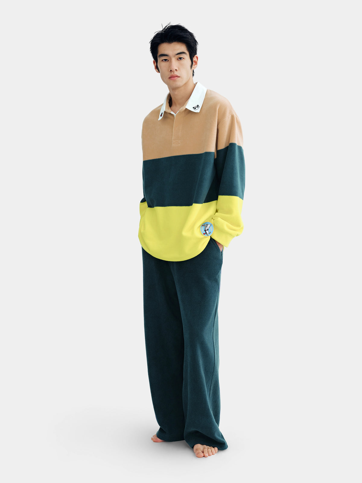 PIN!POM! Fleece Polo Loungewear Set Long Sleeve – Yellow & Brown Stripes