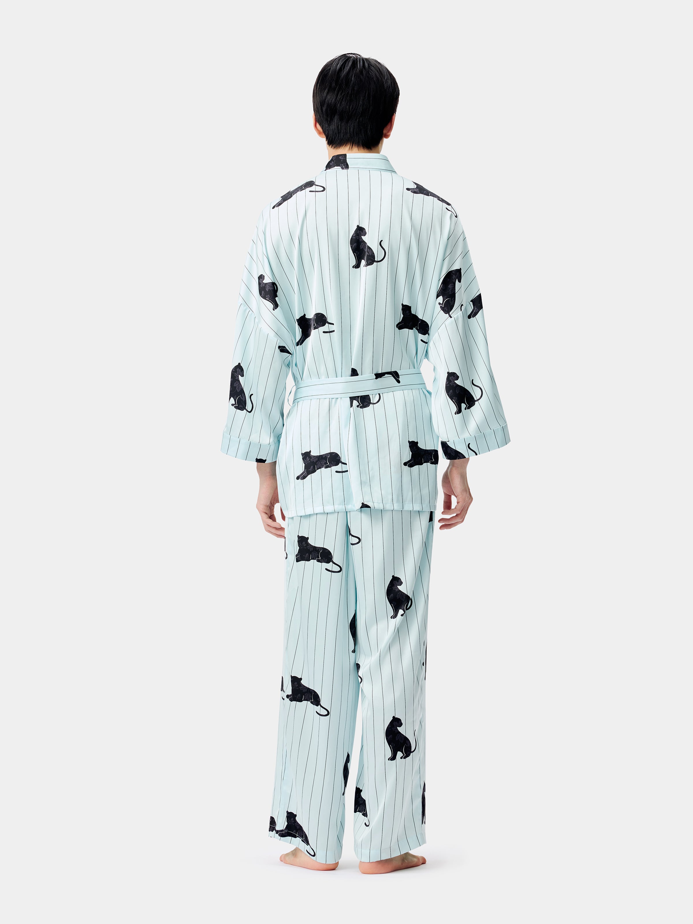 "Urban Jungle" Black Panther Satin Loungewear Set Robe & Pants – Mist Blue
