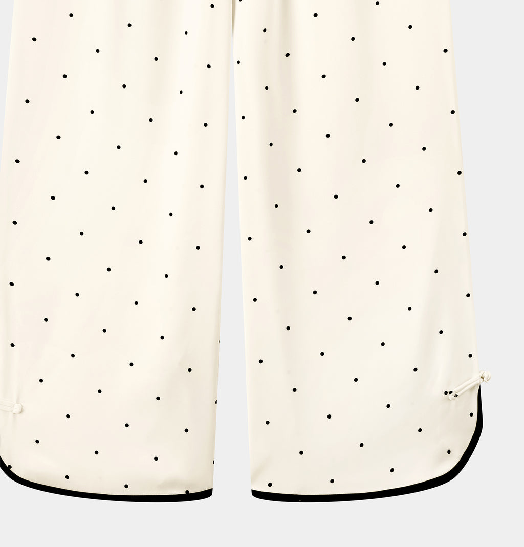 "Panda PomPom" Chinese-Style Satin Loungewear Set – White Polka Dot