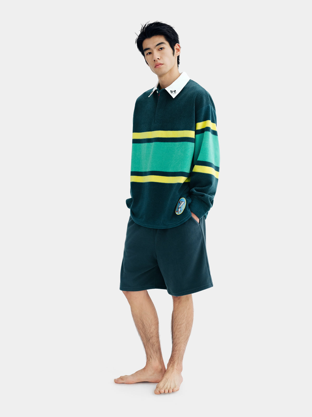 PIN!POM! Fleece Polo Loungewear Set-Long Sleeve & Shorts-Yellow & Green Stripes