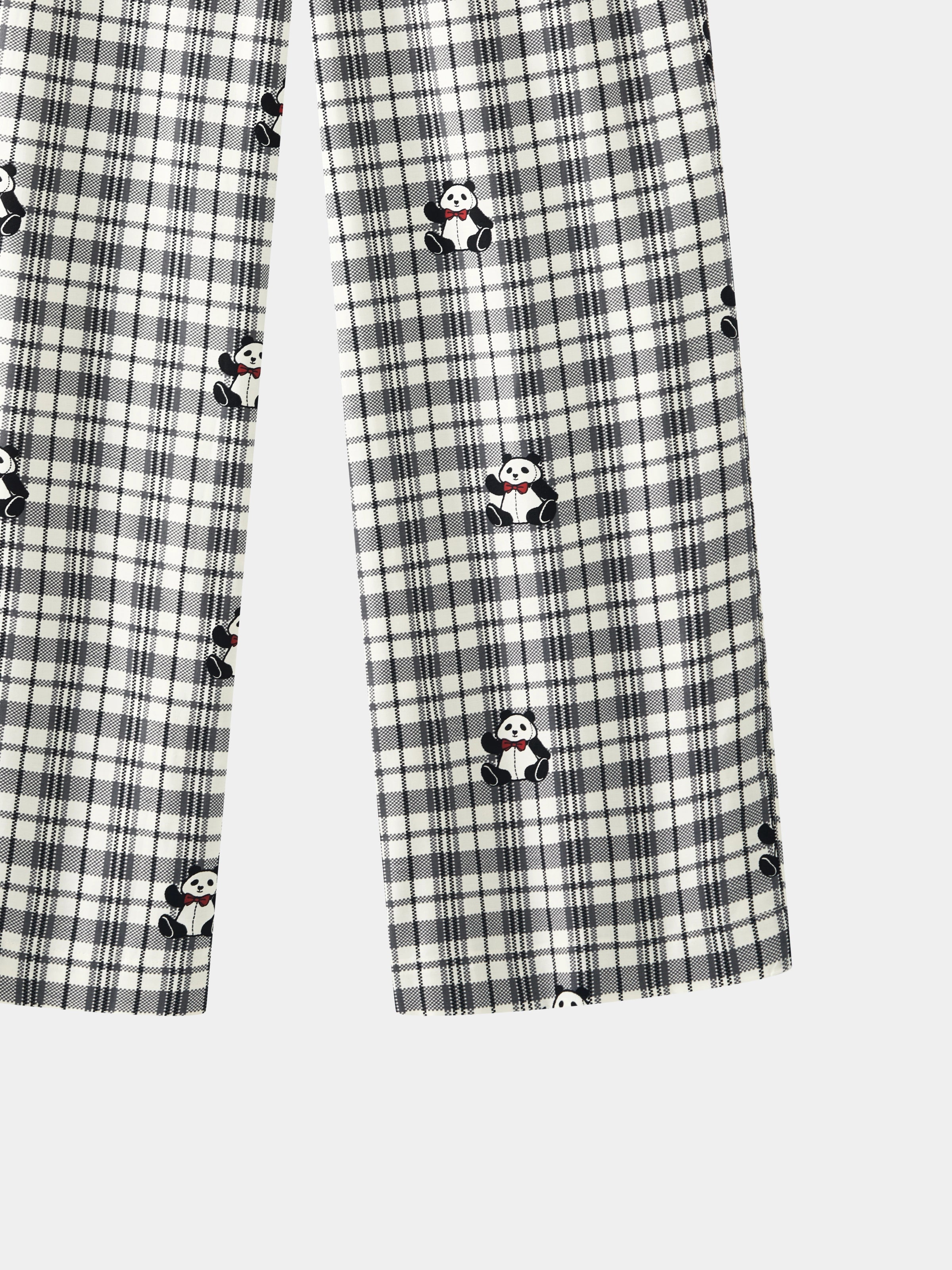 "Panda PomPom" Tencel Cotton Blend Loungewear Set – Black Grid