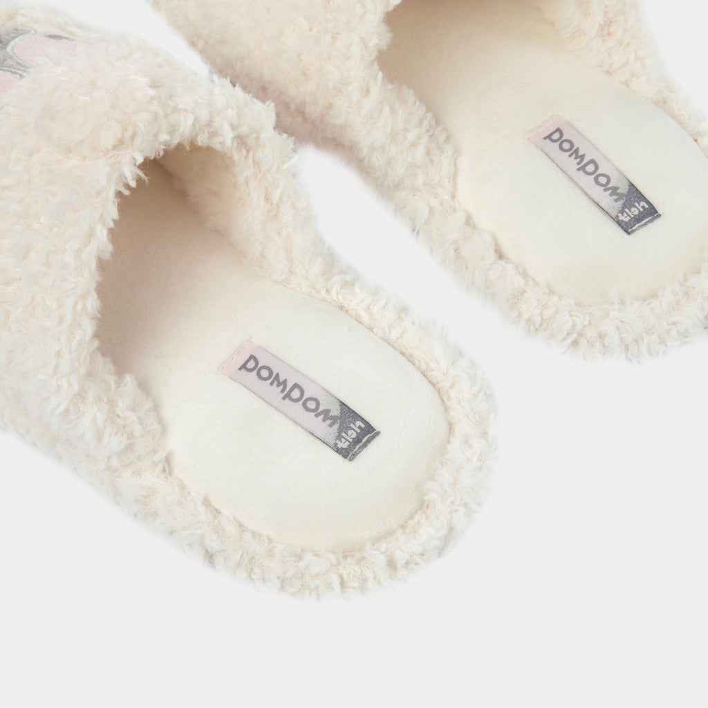 "Panda PomPom" Fluffy Slippers – Cream White