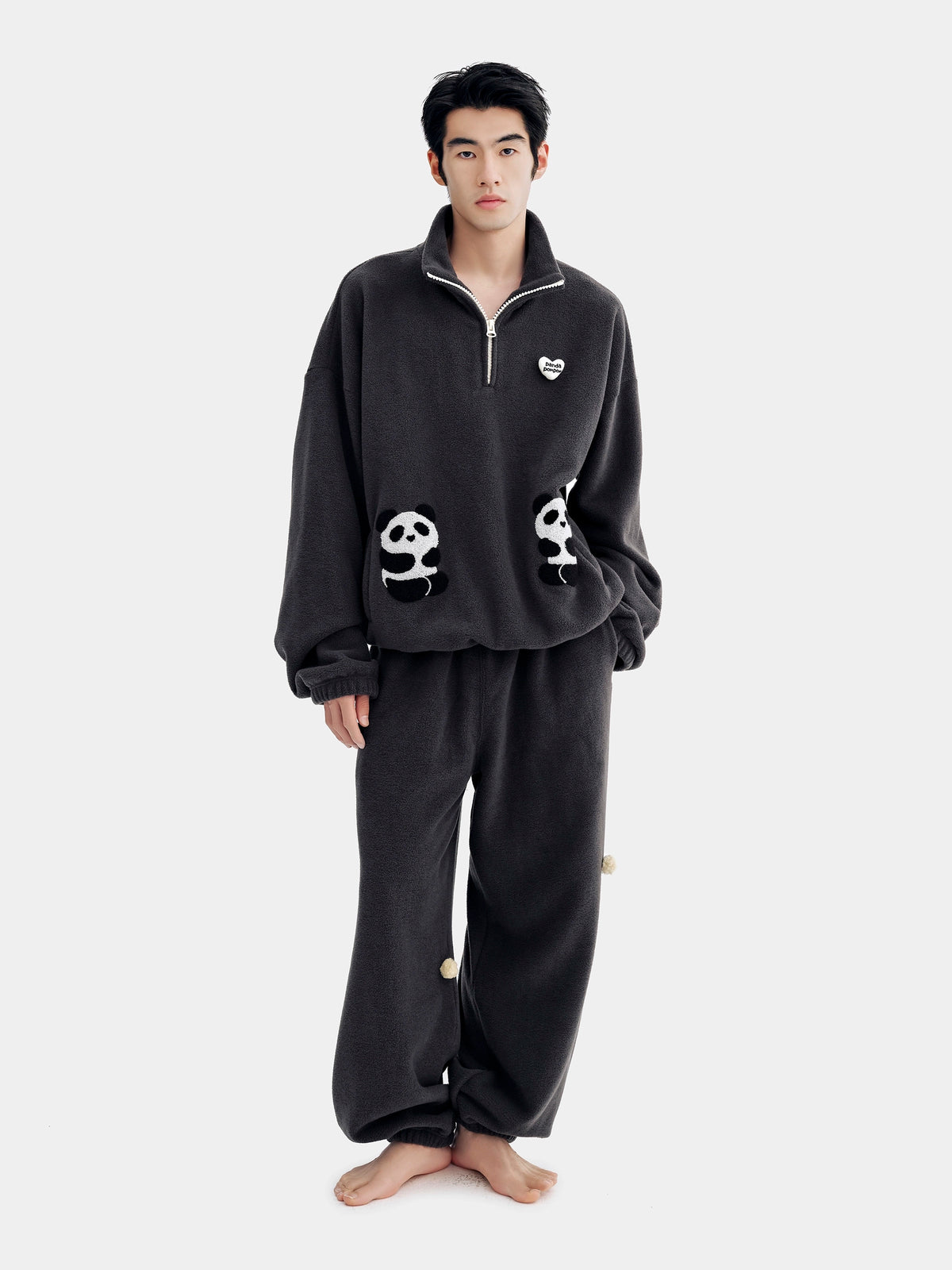 "panda pompom" Polar Fleece Pullover Loungewear Set Long Sleeve – Ink Black