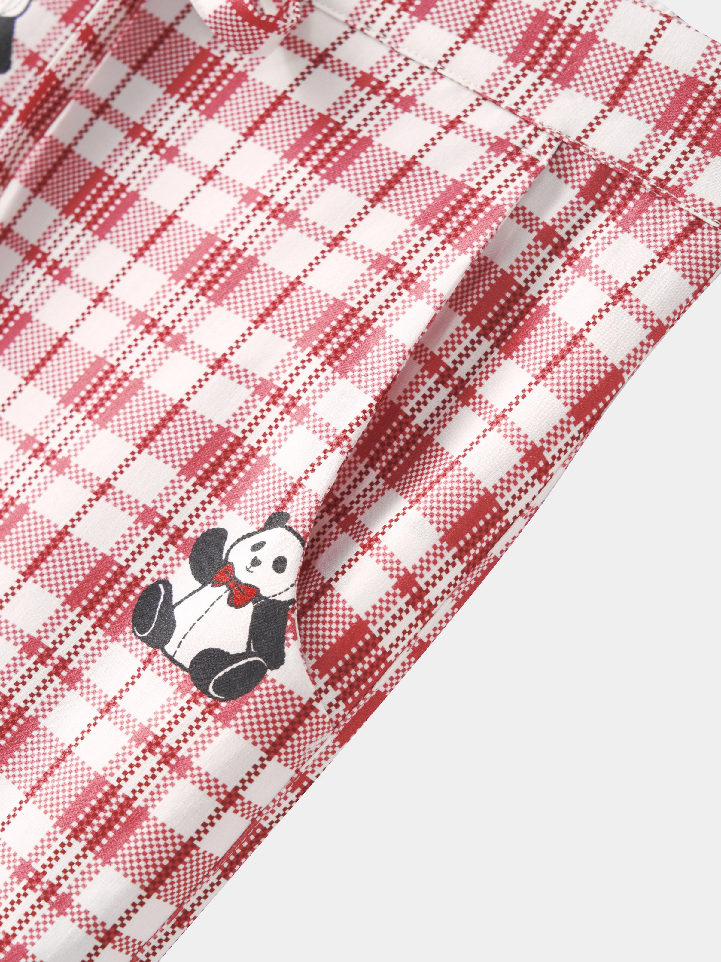 "Panda PomPom" Tencel Cotton Blend Loungewear Set – Red Grid