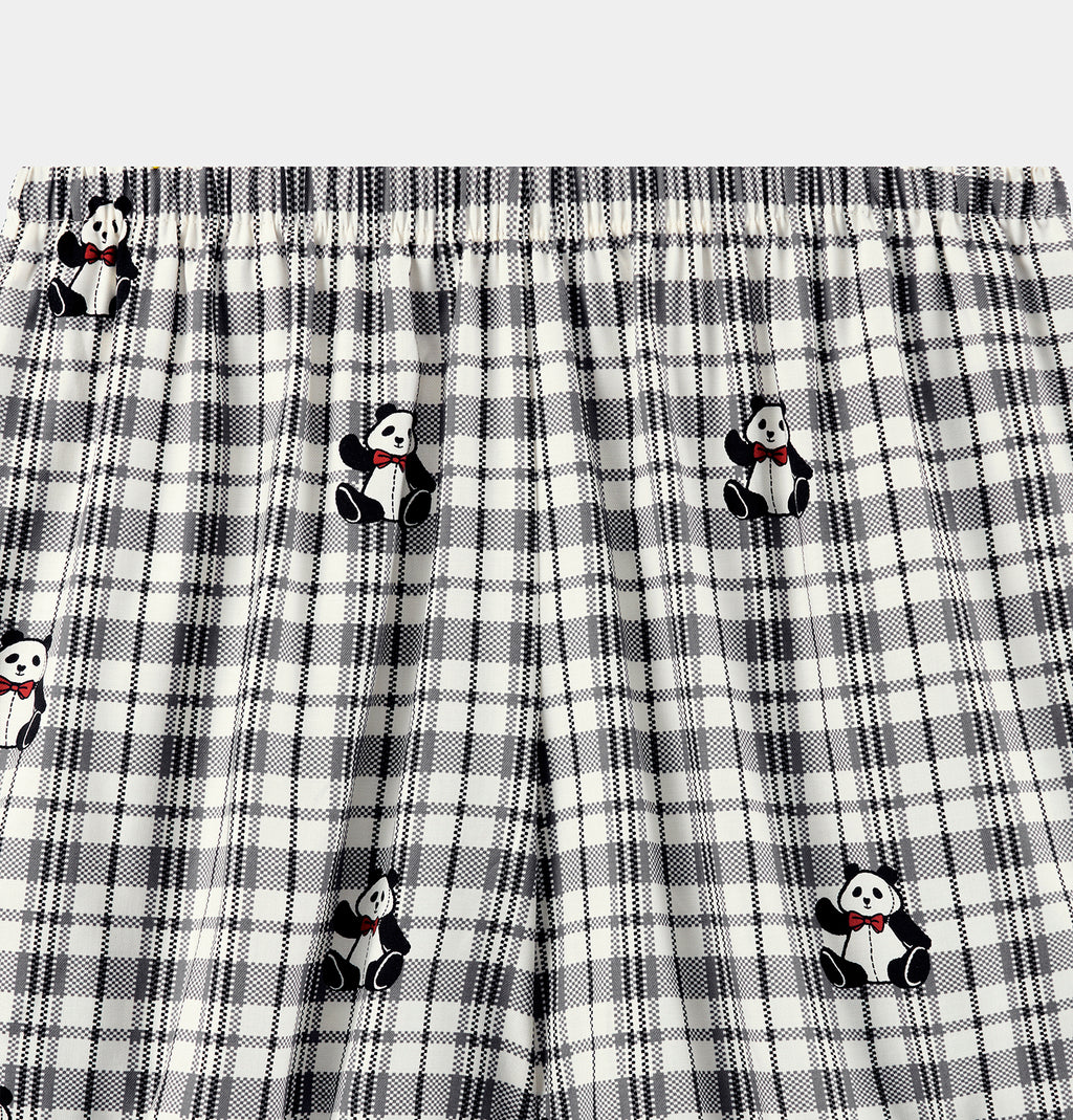 "Panda PomPom" Tencel Cotton Blend Spaghetti Strap Top & Shorts Pajama Set – Black Grid