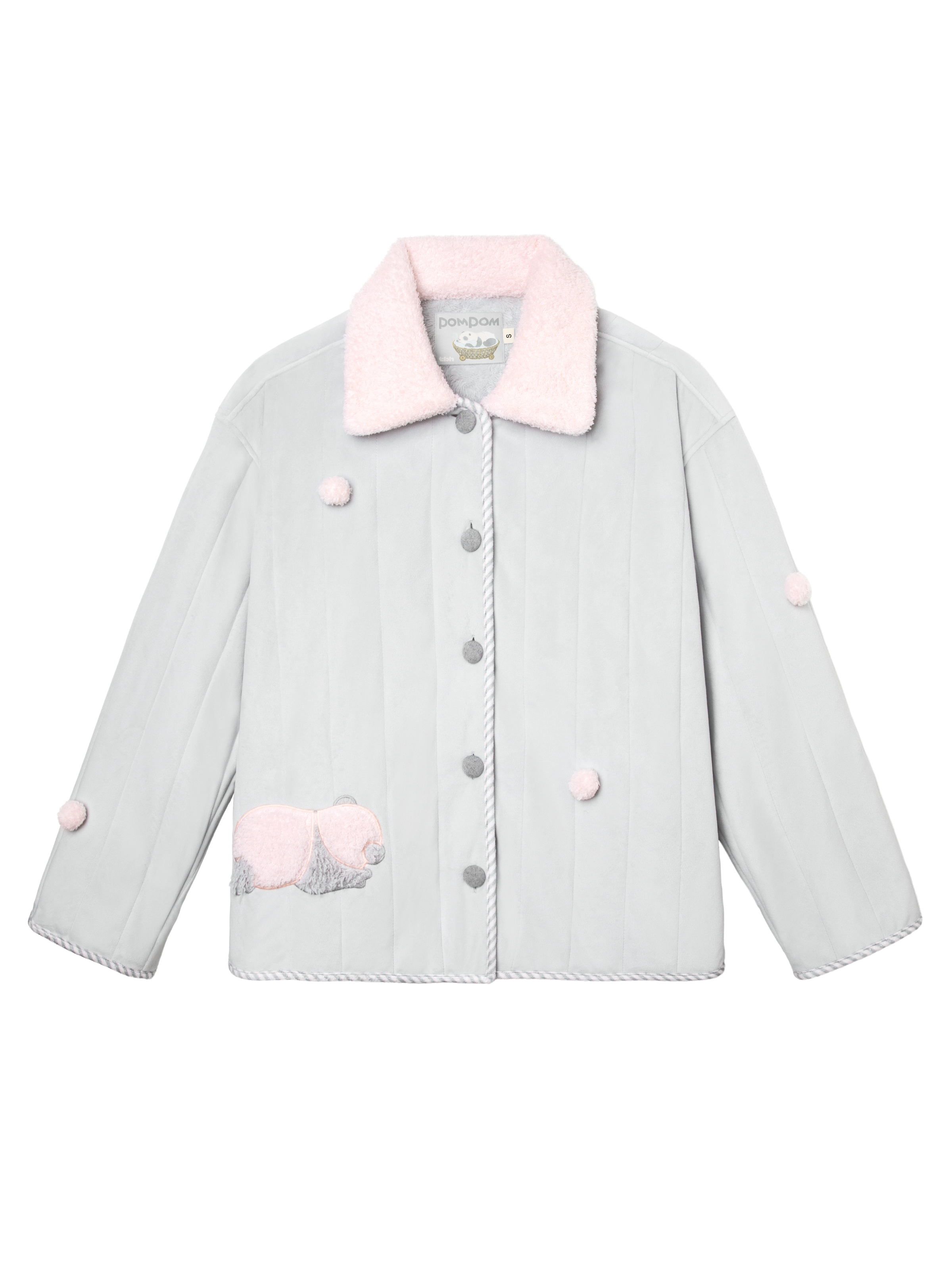 "Panda PomPom" Thickened Quilted Loungewear Set Gray