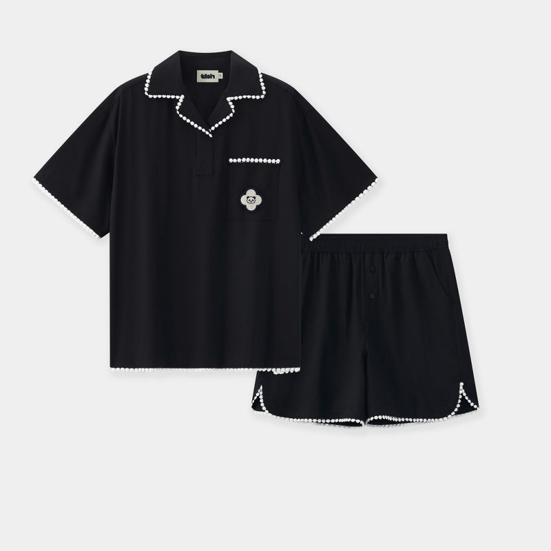 "Panda PomPom" Tencel Cotton Blend Camp Collar Short Sleeve Loungewear Set – Black
