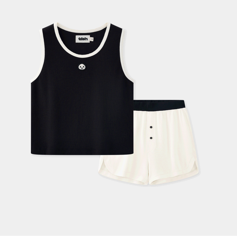"Panda PomPom" Waffle Checks Loungewear Set – Black & White