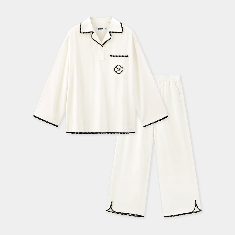 "Panda PomPom" Tencel Cotton Blend Camp Collar Loungewear Set – Cream White