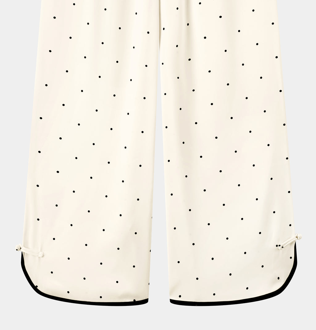 "Panda PomPom" Chinese-Style Satin Loungewear Set – White Polka Dot