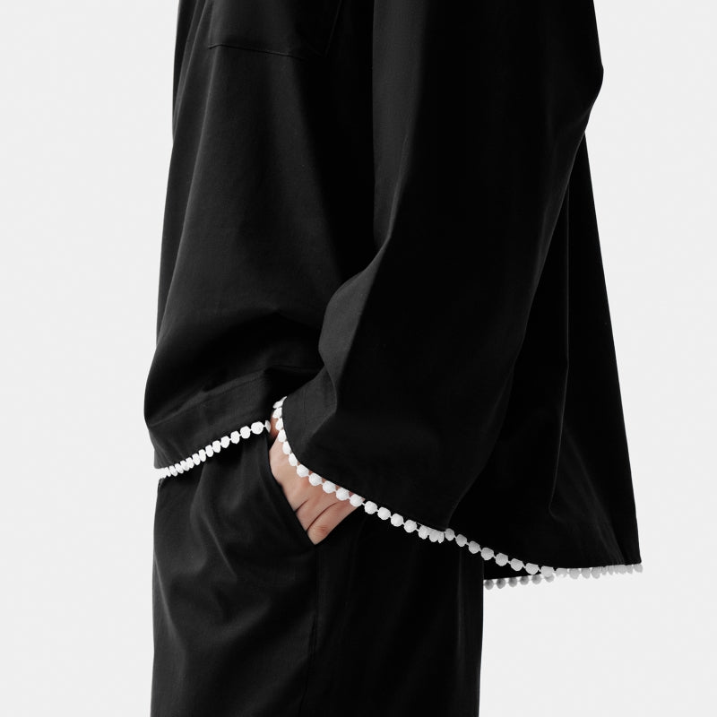 "Panda PomPom" Tencel Cotton Blend Camp Collar Loungewear Set – Black