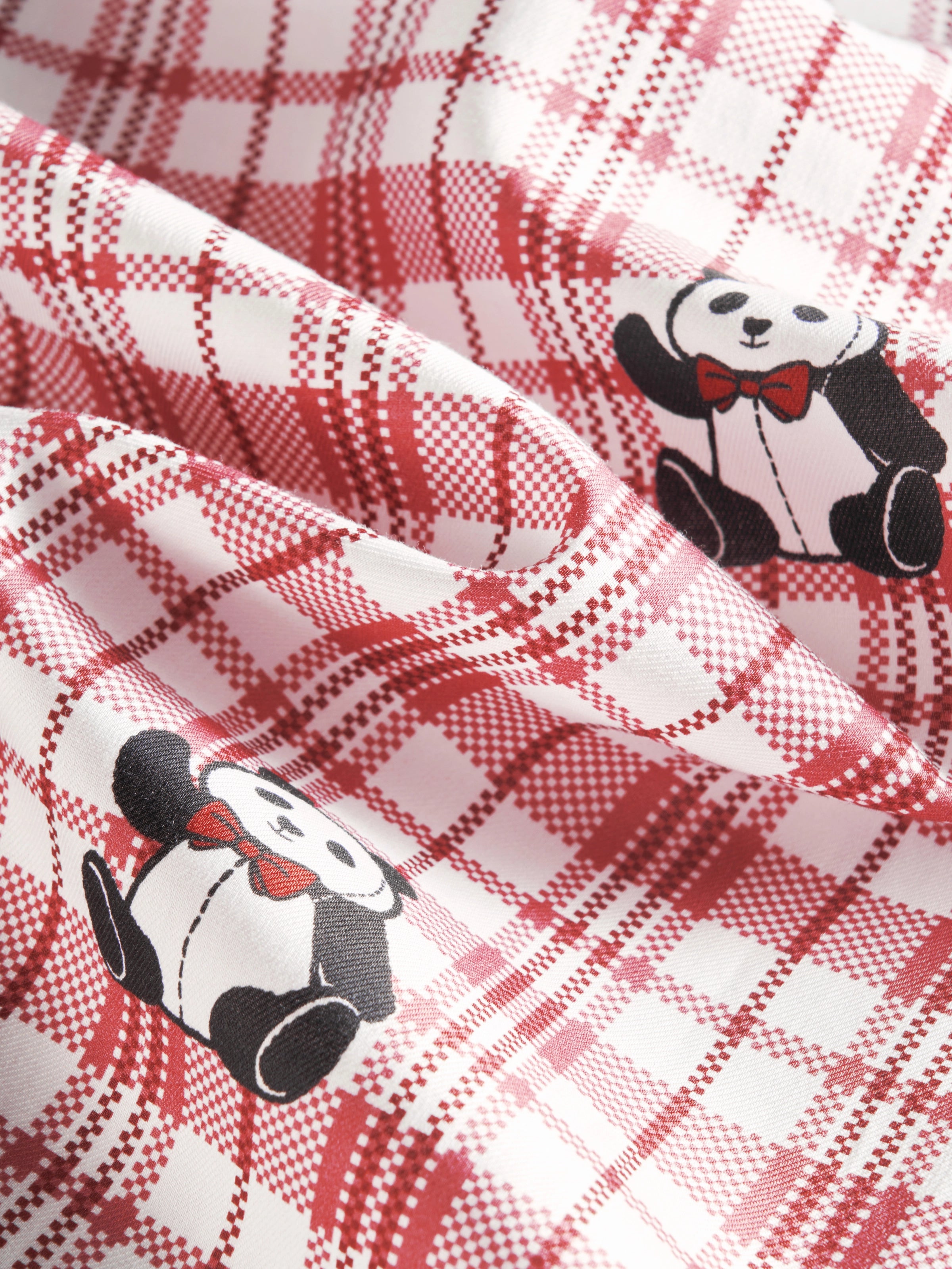 "Panda PomPom" Tencel Cotton Blend Loungewear Set – Red Grid
