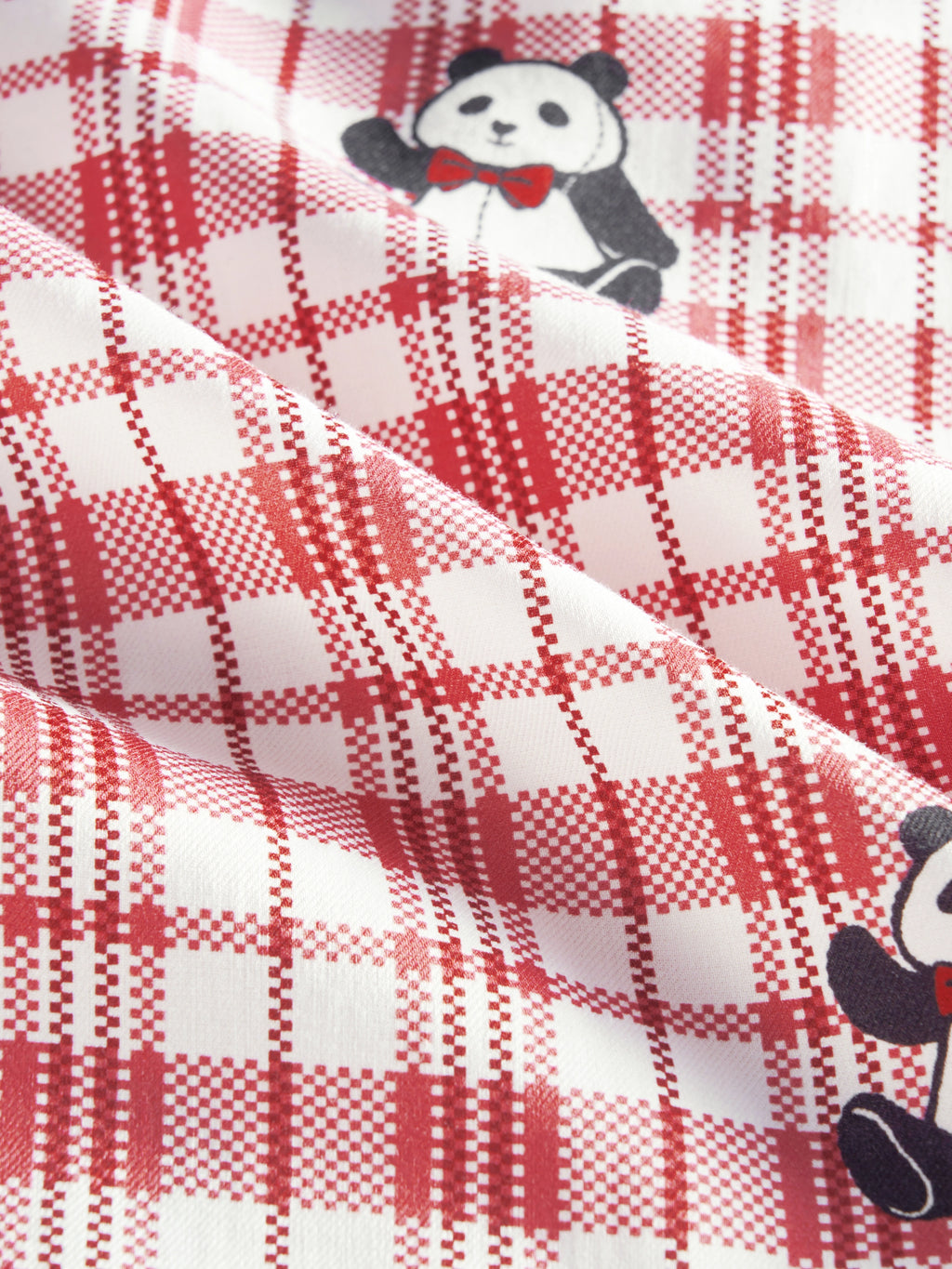 "Panda PomPom" Tencel Cotton Blend Short Sleeve Loungewear Set – Red Grid
