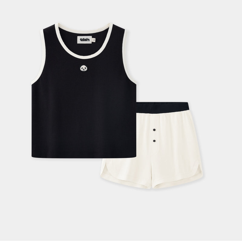 "Panda PomPom" Waffle Checks Loungewear Set – Black & White