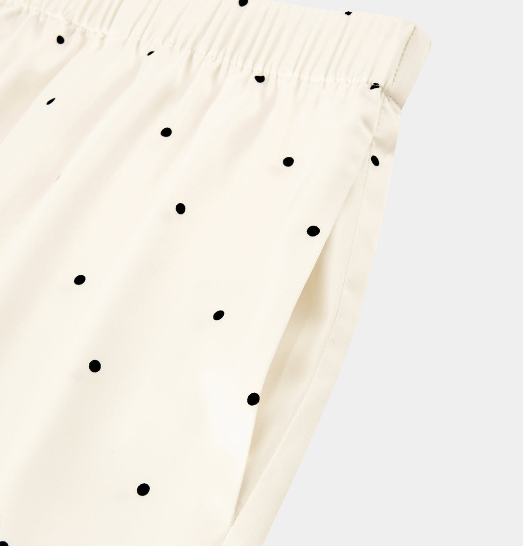 "Panda PomPom" Chinese-Style Satin Loungewear Set – White Polka Dot