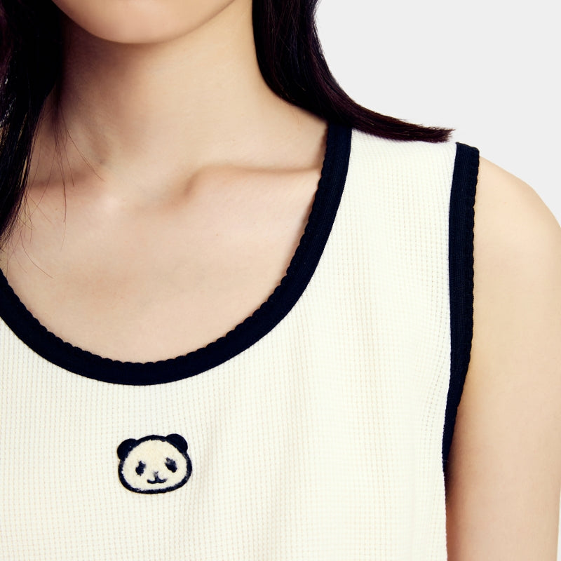 "Panda PomPom" Waffle Checks Loungewear Set – White & Black