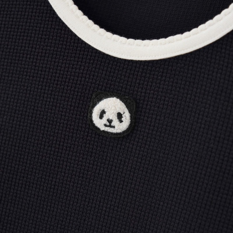 "Panda PomPom" Waffle Checks Loungewear Set – Black & White