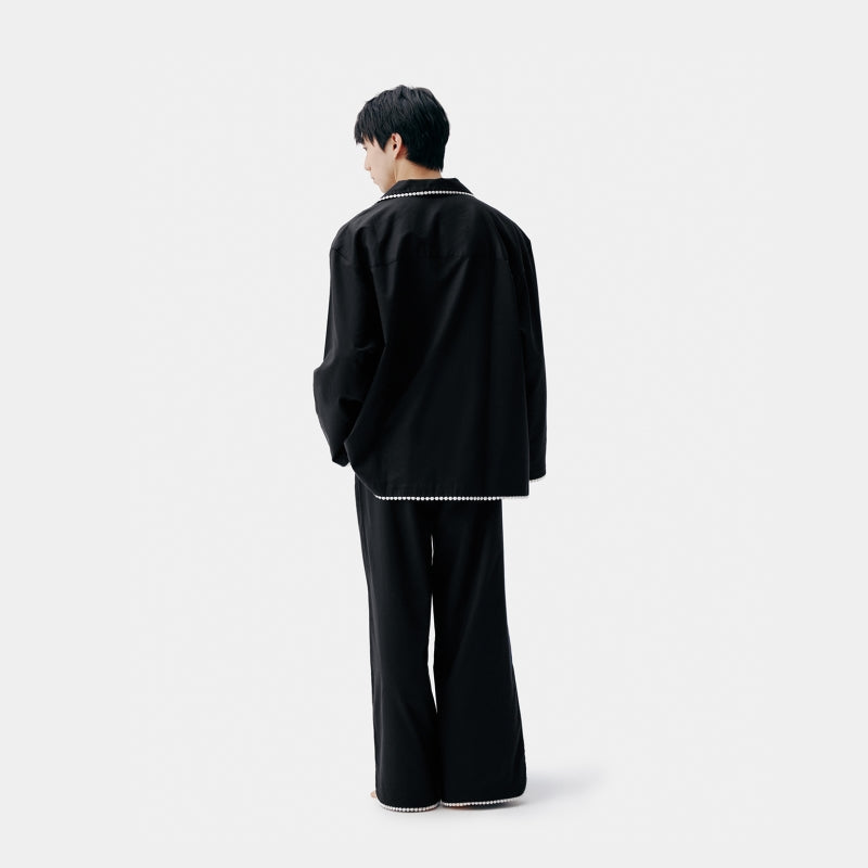 "Panda PomPom" Tencel Cotton Blend Camp Collar Loungewear Set – Black