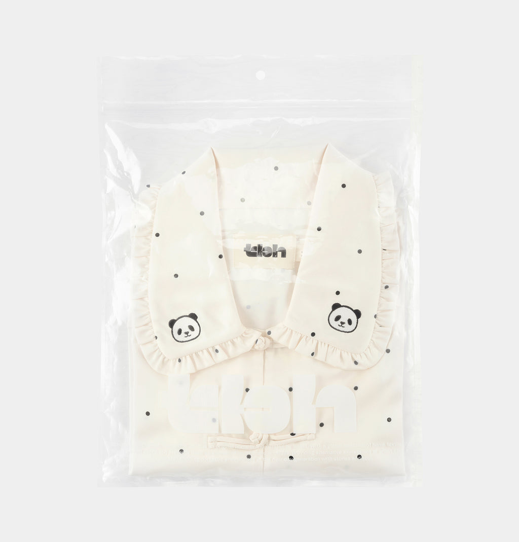 "Panda PomPom" Chinese-Style Satin Loungewear Set – White Polka Dot