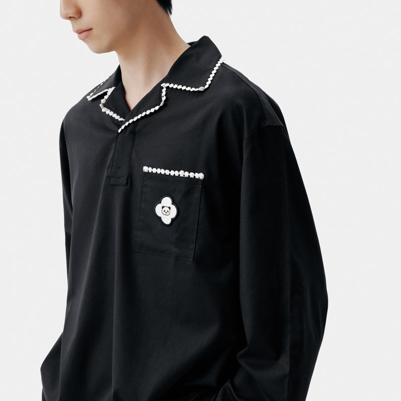 "Panda PomPom" Tencel Cotton Blend Camp Collar Loungewear Set – Black