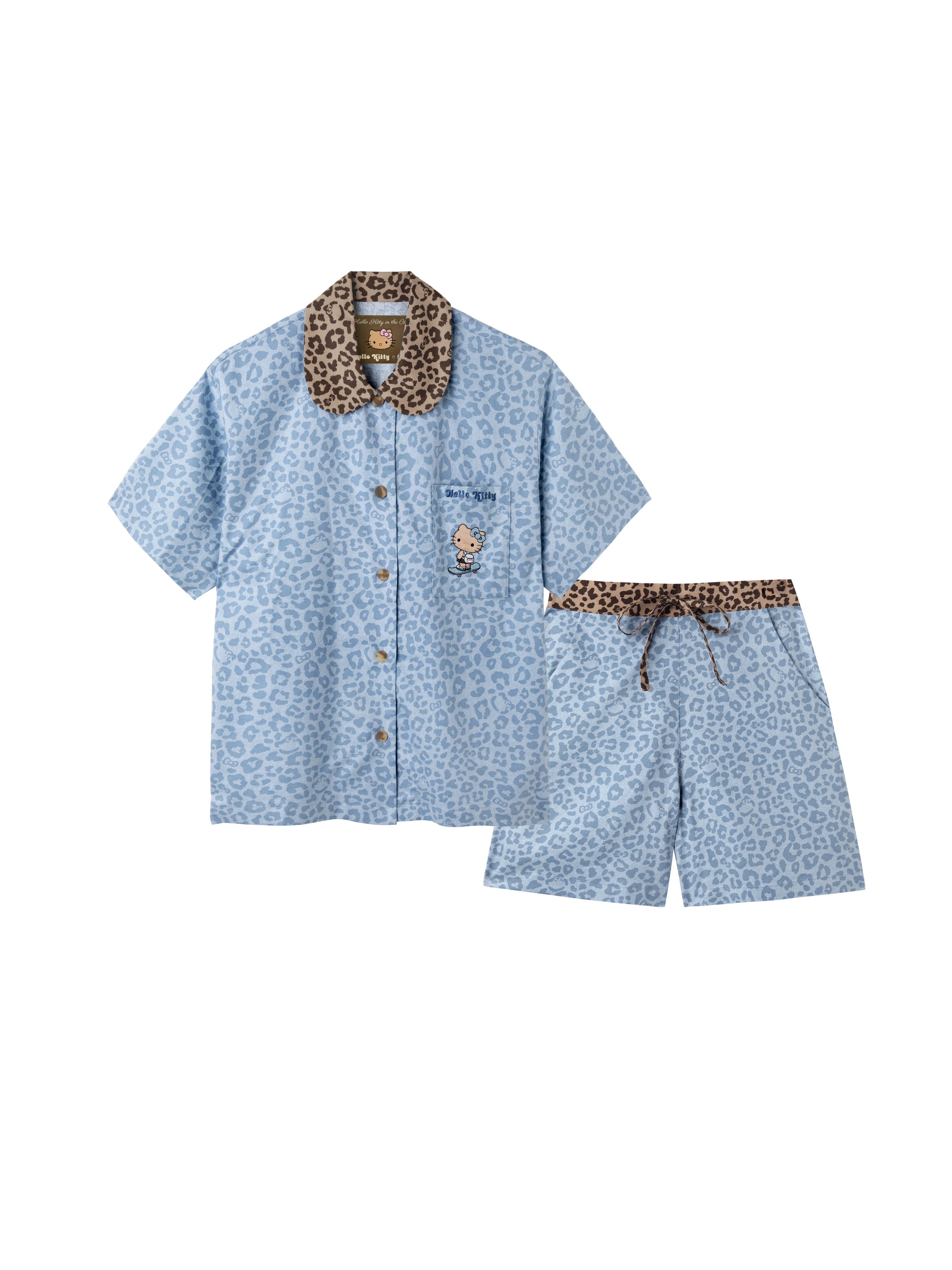 "Hello Kitty" Tencel Cotton Blend Short Sleeve Loungewear Set – Denim Leopard