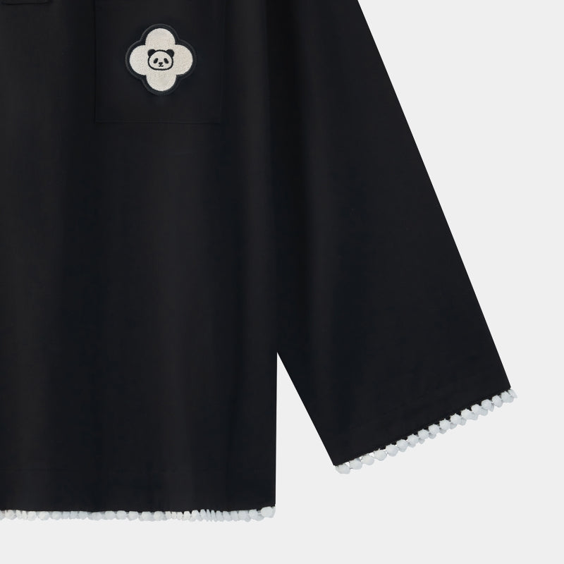 "Panda PomPom" Tencel Cotton Blend Camp Collar Loungewear Set – Black