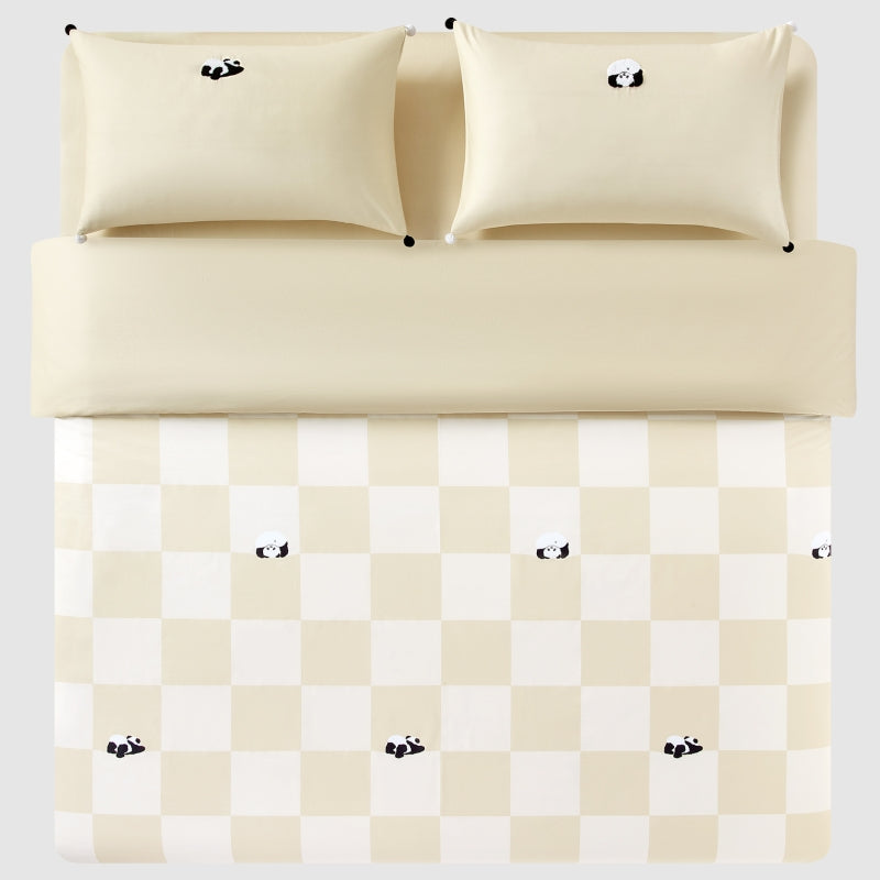 "Panda PomPom"  cotton sateen bedding set Cream White Grid