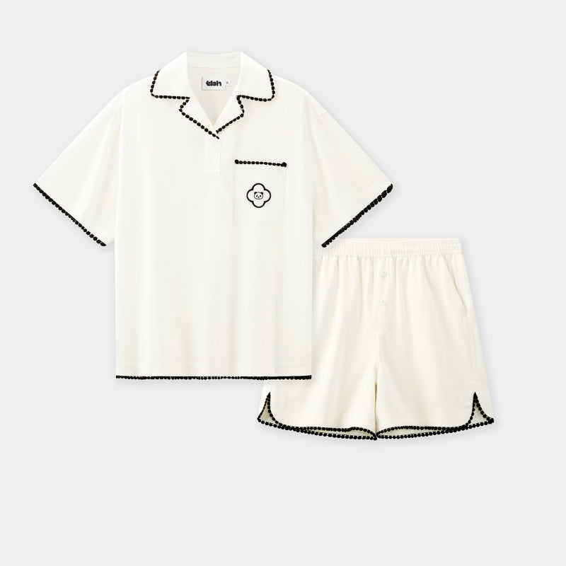 "Panda PomPom" Tencel Cotton Blend Camp Collar Short Sleeve Loungewear Set – Cream White