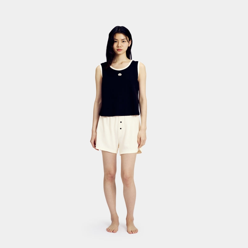 "Panda PomPom" Waffle Checks Loungewear Set – Black & White