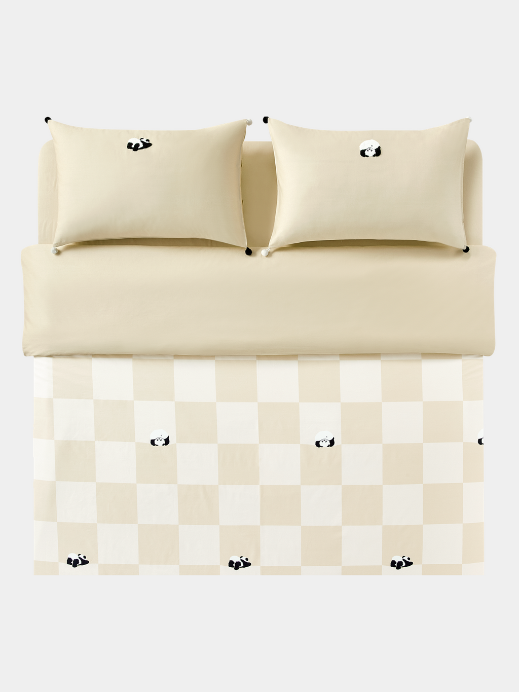 "Panda PomPom"  cotton sateen bedding set Cream White Grid