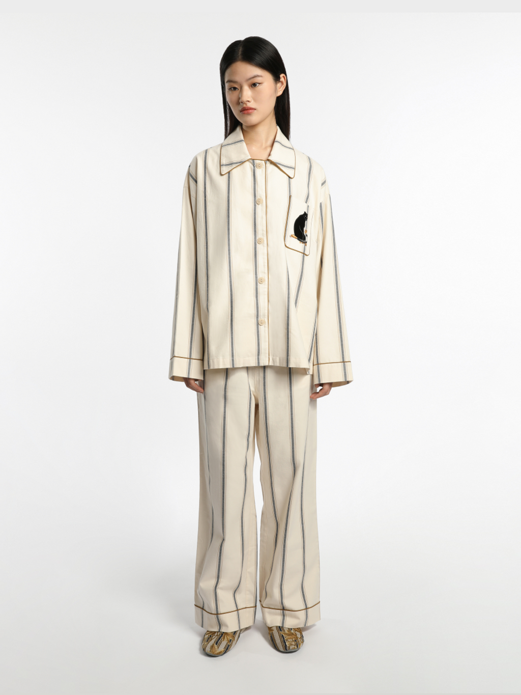 “Urban Jungle” Thickened Cotton Flannel Loungewear Set Beige and Camel Stripes