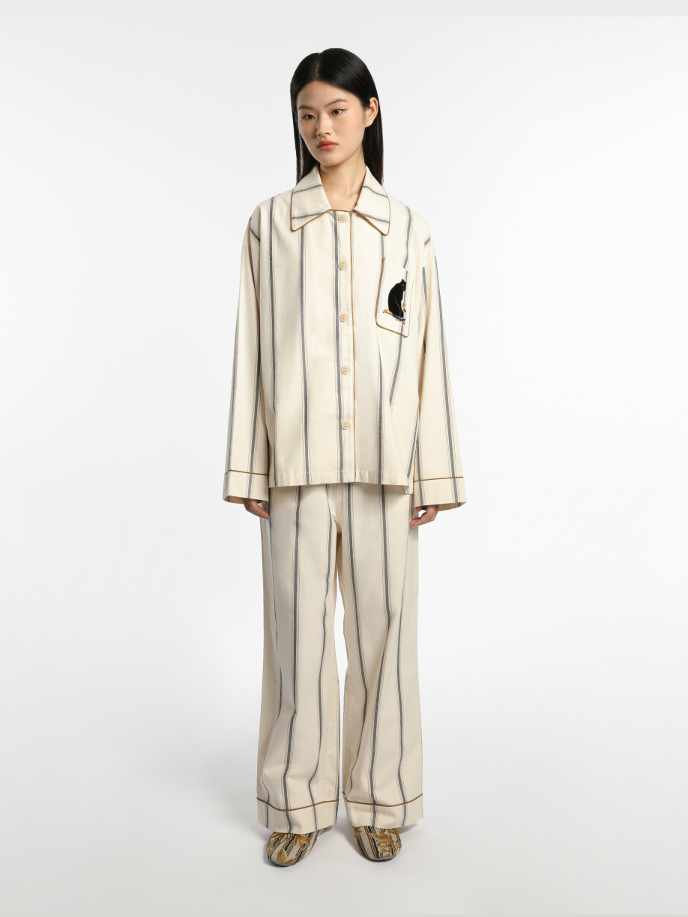 “Urban Jungle” Thickened Cotton Flannel Loungewear Set Beige and Camel Stripes