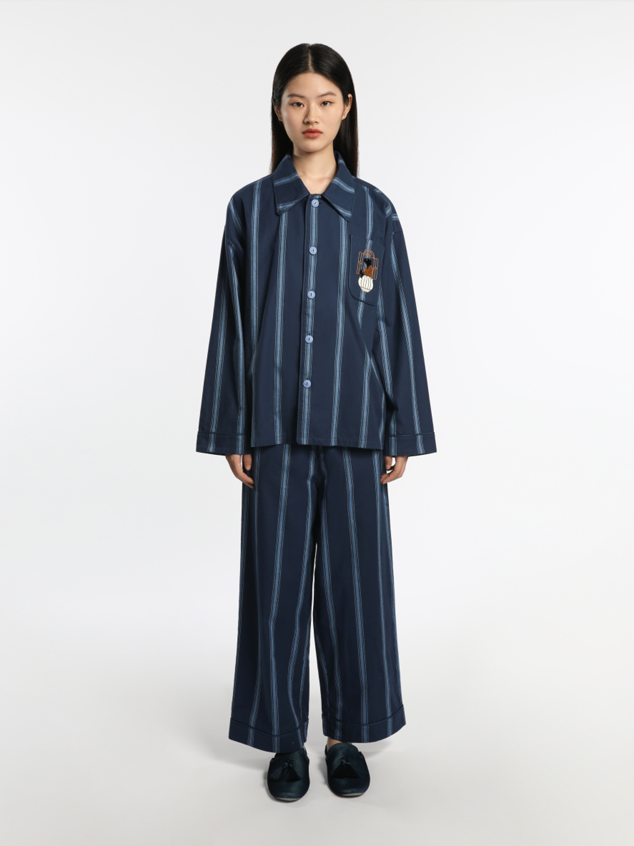 “Urban Jungle” Thickened Cotton Flannel Loungewear Set Dark Blue Stripes