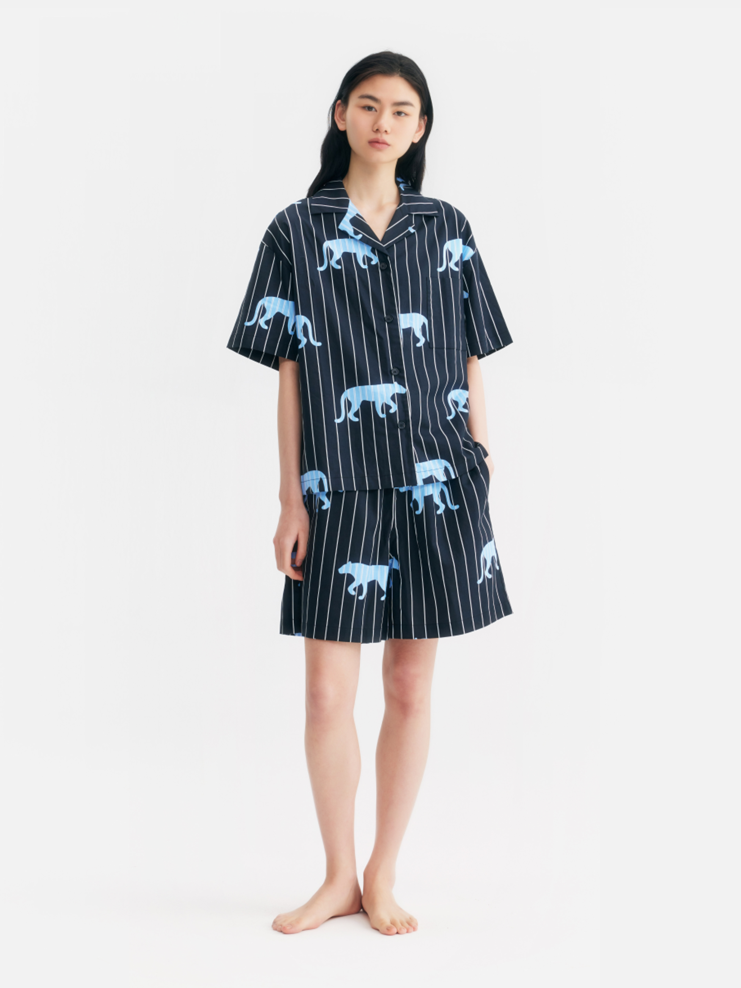 “Z” Tencel Cotton Blend Stripe Short Sleeve Loungewear Set Black Panther