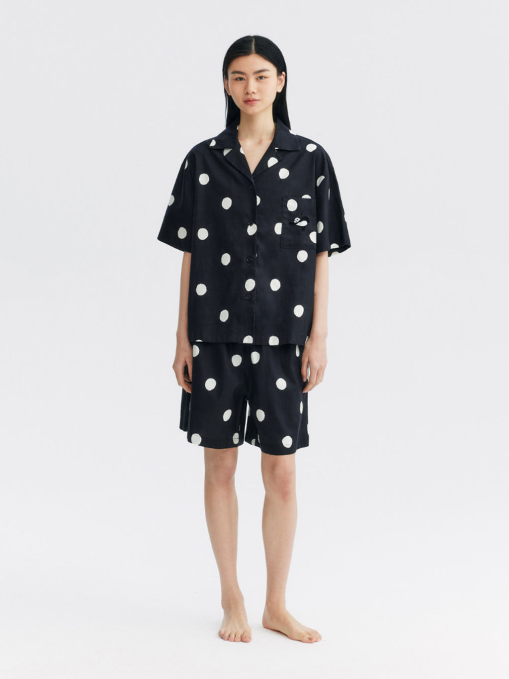 "Panda PomPom" Tencel Cotton Blend Short Sleeve Loungewear Set White Polka Dot