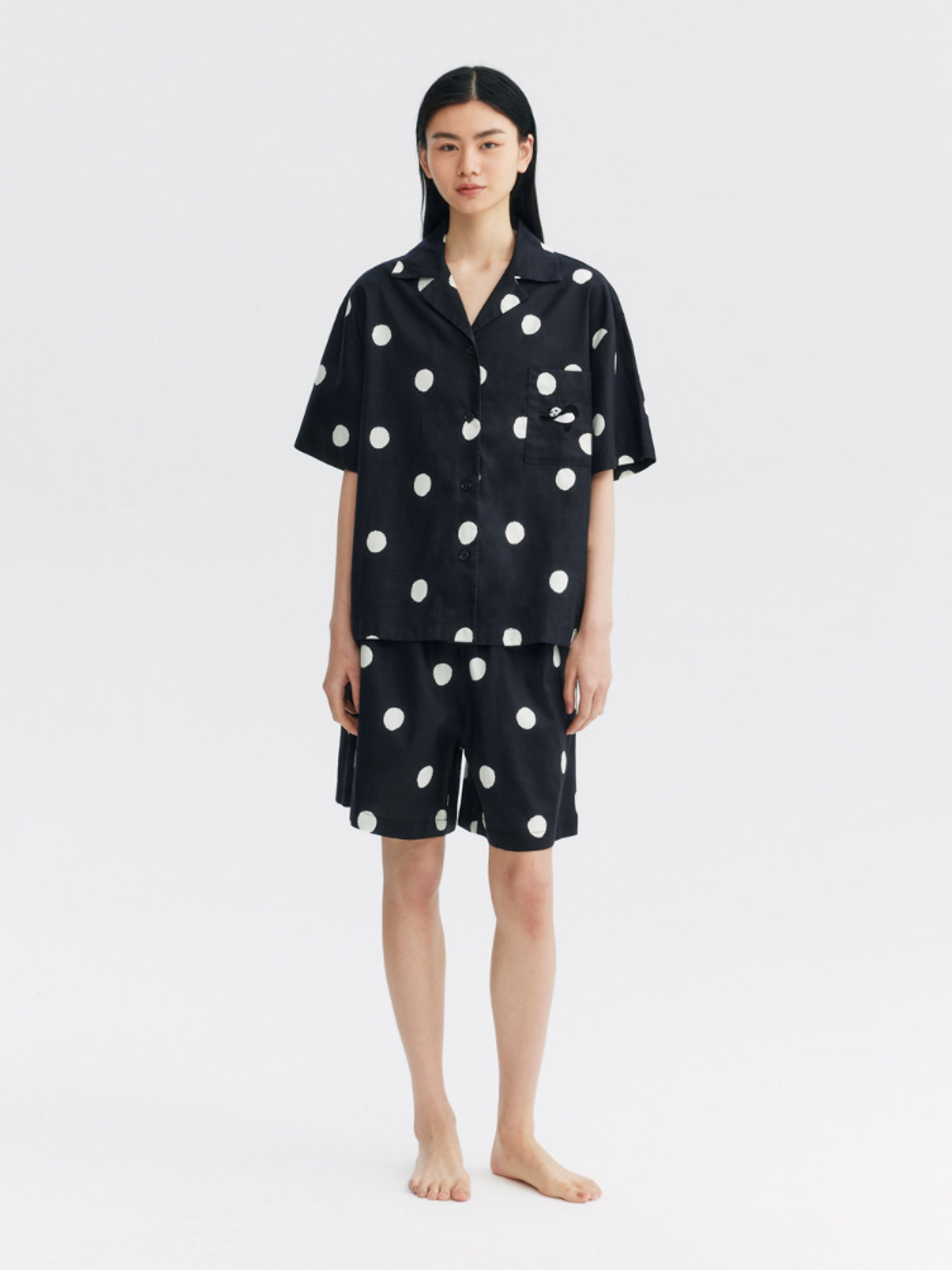 "Panda PomPom" Tencel Cotton Blend Short Sleeve Loungewear Set White Polka Dot