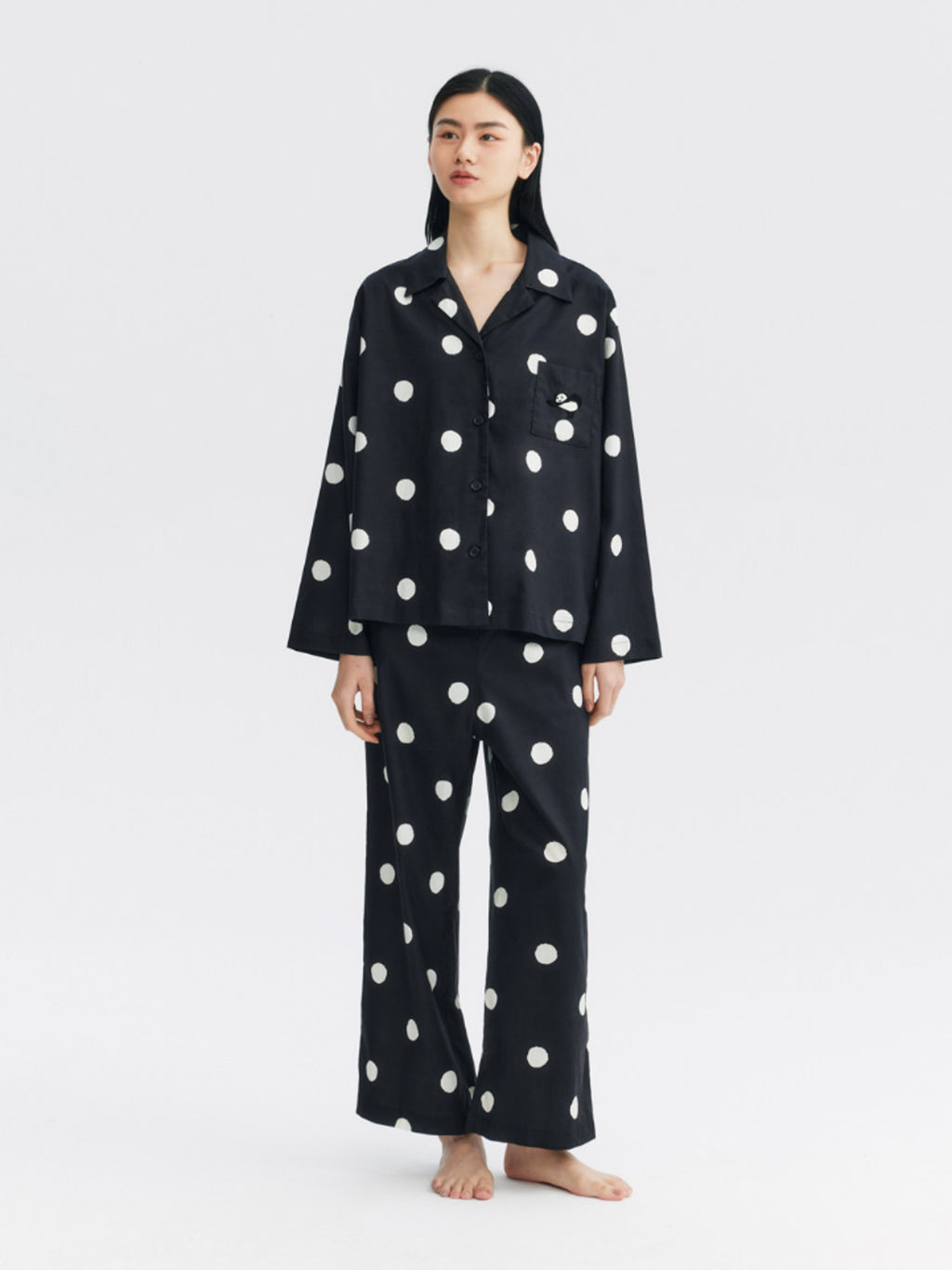 "Panda PomPom" Tencel Cotton Blend Loungewear Set White Polka Dot
