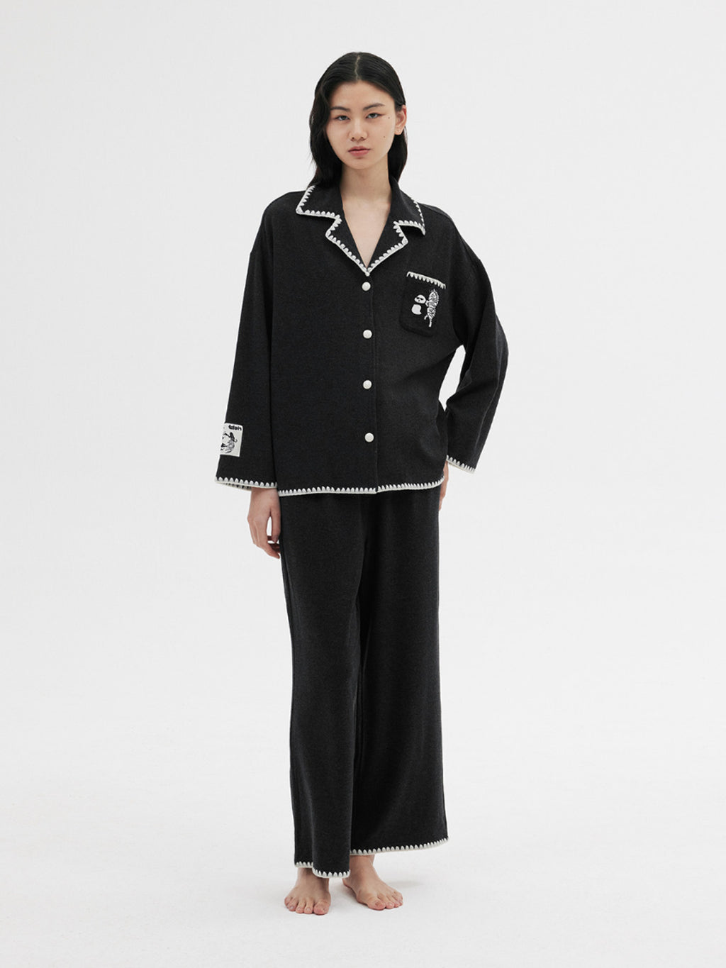 "Panda PomPom" Cream Fleece Loungewear Set – Black