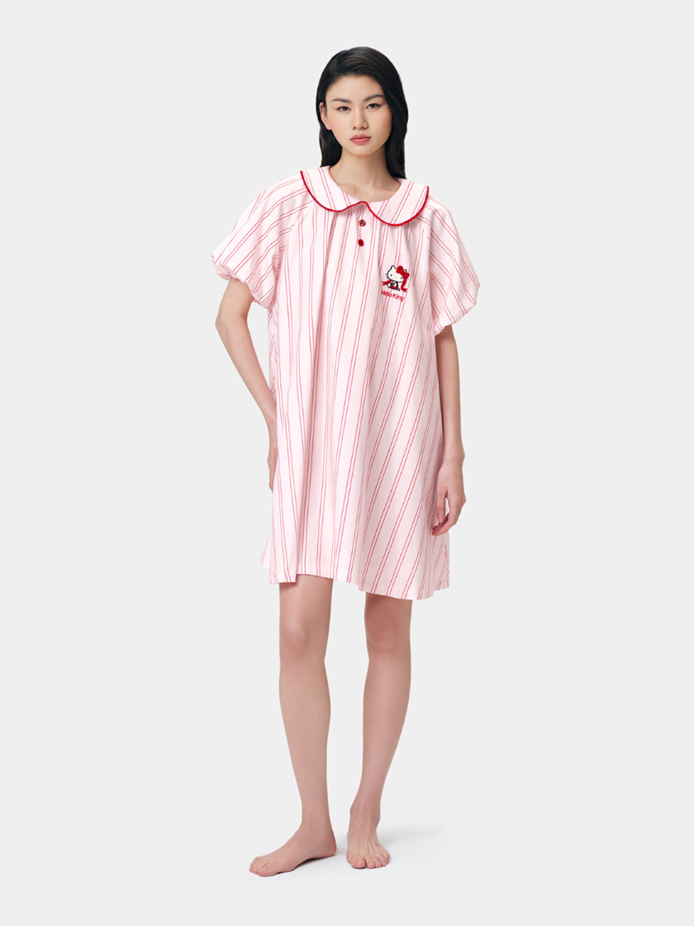 "Hello Kitty" Tencel Cotton Blend Short Nightgown Pink Stripes