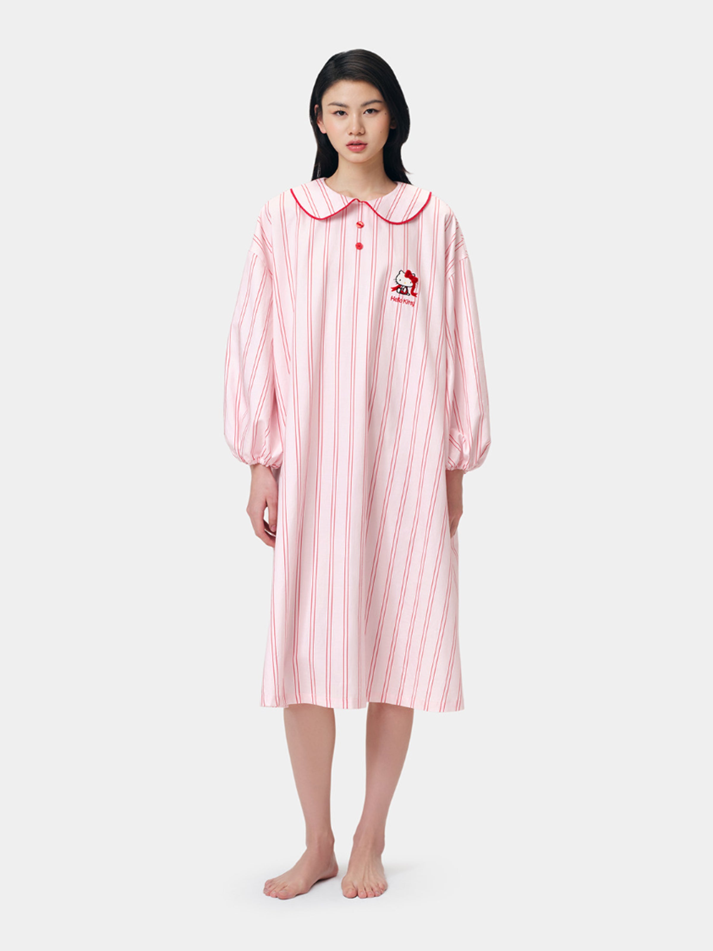 "Hello Kitty" Tencel Cotton Blend Nightgown – Pink Stripes