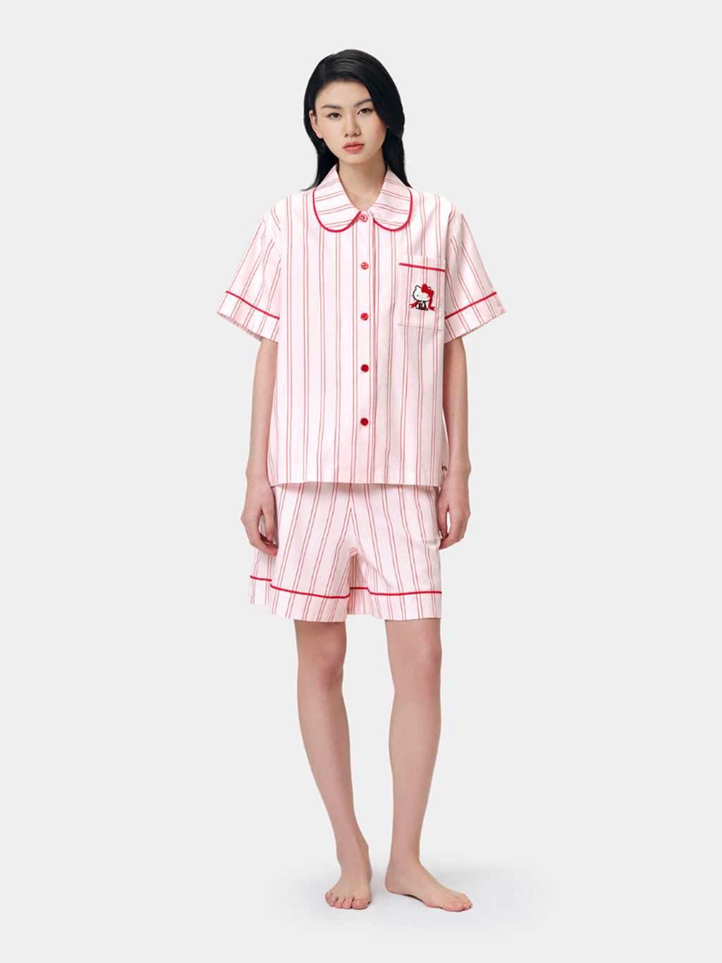 "Hello Kitty" Tencel Cotton Blend Short Sleeve Loungewear Set – Pink Stripes