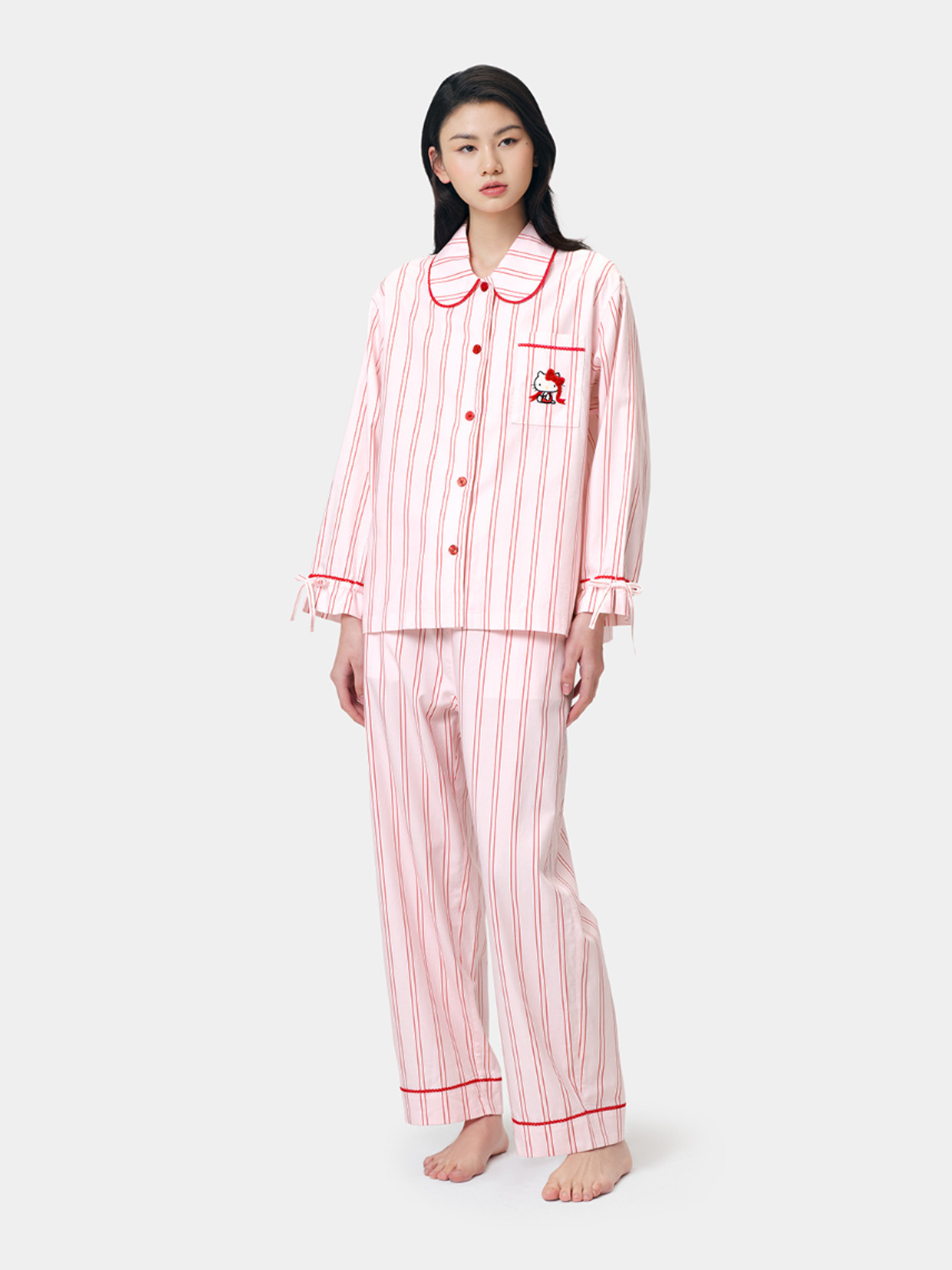 "Hello Kitty" Tencel Cotton Blend Loungewear Set – Pink Stripes