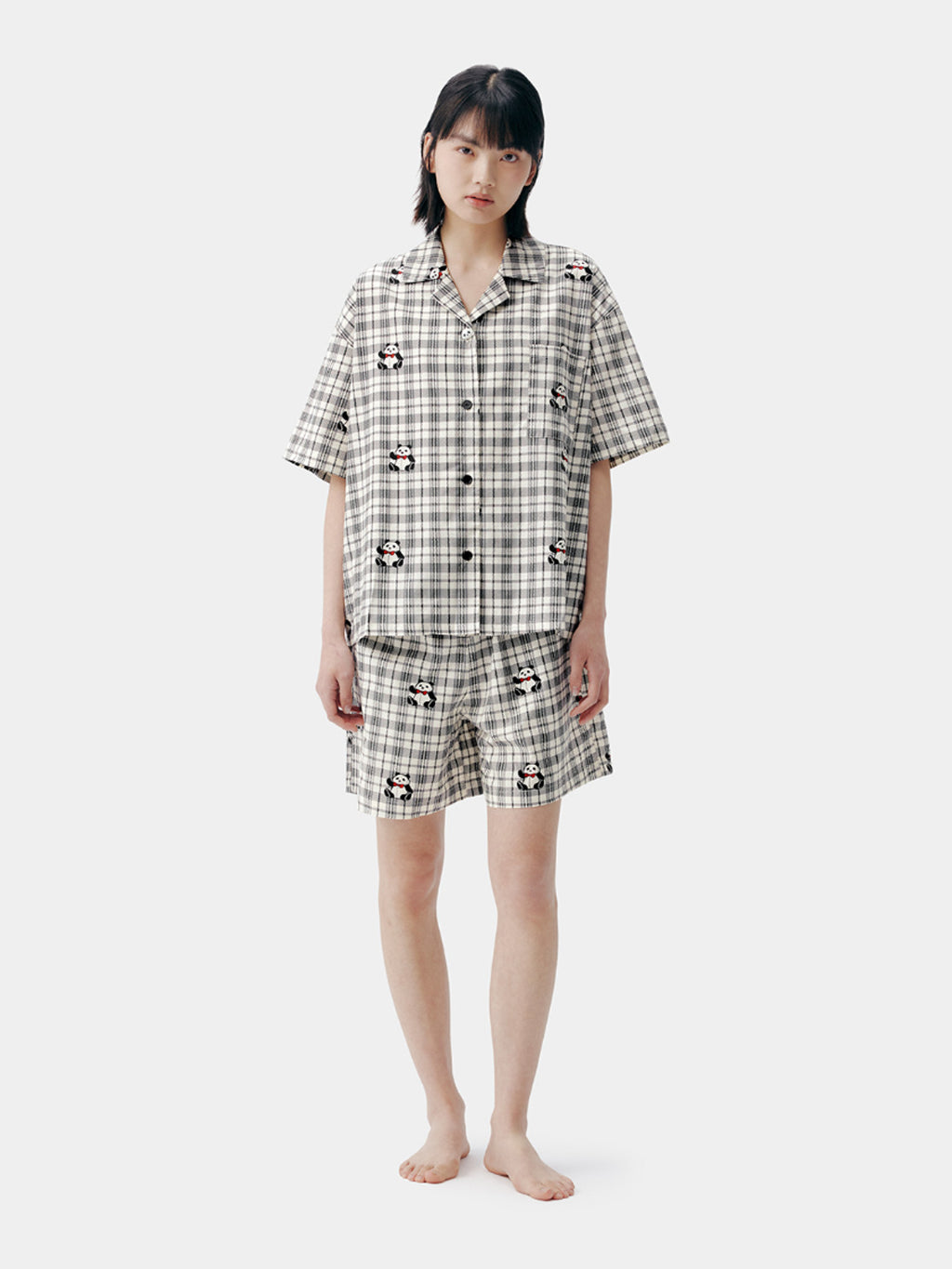 "Panda PomPom" Tencel Cotton Blend Short Loungewear Set – Black Grid