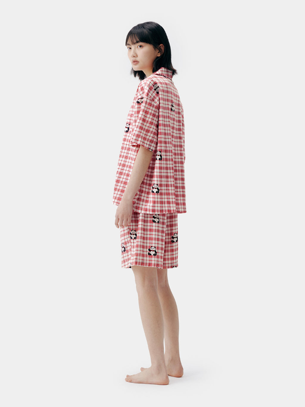 "Panda PomPom" Tencel Cotton Blend Short Sleeve Loungewear Set – Red Grid